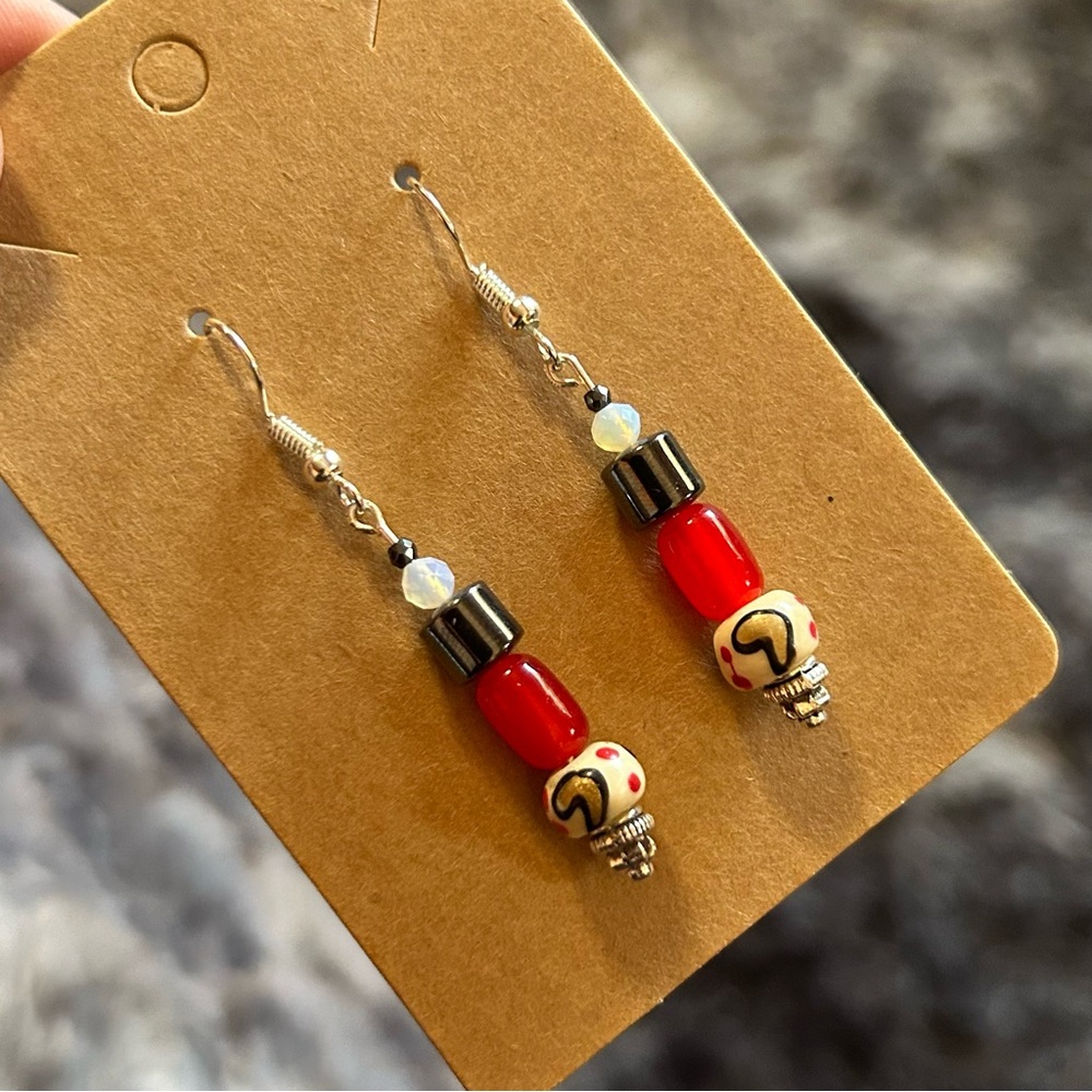 Handcrafted unique painted bead cat eye glass barrel faceted hematite earrings